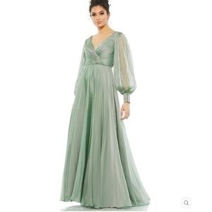 MAC DUGGAL SAGE SHEER BLOUSON SLEEVE SURPLICE GOWN